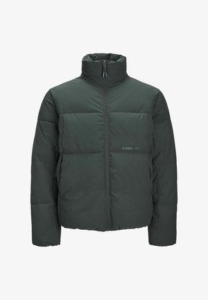 Dunkelgrüne gepolsterte Jacke mit hohem Kragen und durchgehendem Reißverschluss. Sie verfügt über ein kastiges Design mit horizontalen Nähten und ohne sichtbare Logos.