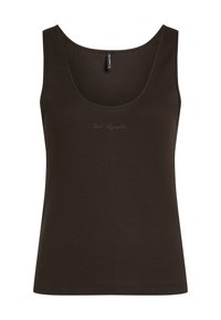 Top de rezervor ribbed maro închis, cu decolteu rotund și logo-ul brodat al mărcii pe față. Fabricat dintr-un material moale, texturat.