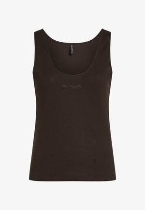Temno rjav rebrast top z okroglim izrezom in izvezenim logotipom blagovne znamke spredaj. Narejen iz mehkega, strukturiranega blaga.
