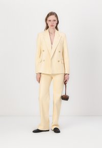 Blazer giallo a doppio petto con bottoni dorati e pantaloni crema aderenti. Texture liscia, design minimalista. Porta una piccola borsa marrone.
