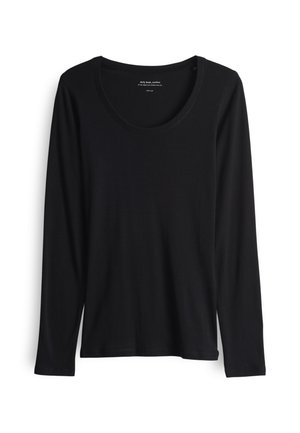 Zwarte longsleeve t-shirt van zacht, soepel stof. Heeft een ronde halslijn en aansluitende mouwen met een rechte zoom. Minimalistisch ontwerp.