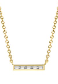 Guldhalsband med en länkad kedja och en rektangulär hänge. Hängsmycket har fyra klara kristaller som är placerade i en horisontell rad.