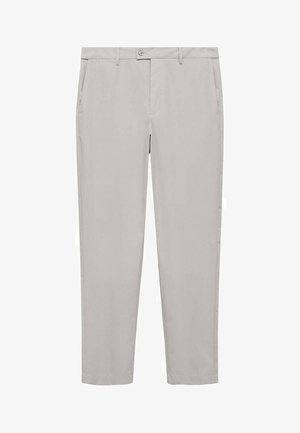 Jasnoszare chinos wykonane z tkaniny o tkanej strukturze, z płaskim przodem, szlufkami na pasek i kieszeniami z przodu. Dopasowany krój z prostymi nogawkami.