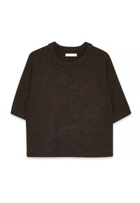 Dunkelbrauner, gestrickter Pullover mit kurzen Ärmeln, rundem Halsausschnitt und geripptem Saum. Die Textur ist weich und das Material wirkt dick.