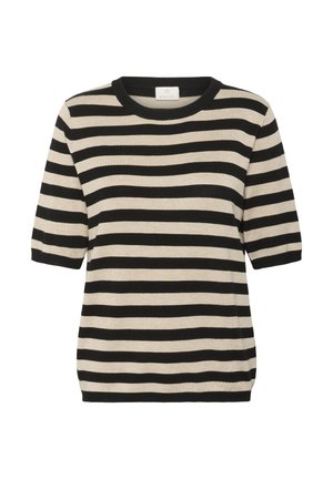 Pull à manches courtes rayé en noir et beige, doté d'un col rond et d'une coupe décontractée. Fabriqué en tissu tricoté doux avec une texture lisse.