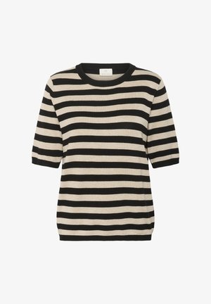 Gestreepte trui met korte mouwen in zwart en beige, met een ronde hals en een relaxte pasvorm. Gemaakt van een zachte breisels met een gladde textuur.