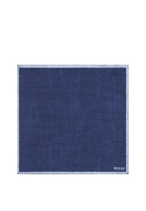 Pochette carrée bleu marine avec bordure bleu clair et petit logo blanc "Boggi Milano" dans le coin inférieur droit.