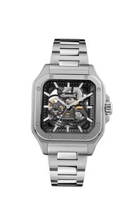 Square automatic watch with a transparent black dial showing internal workings. Stainless steel case and bracelet, silver accents and markers.