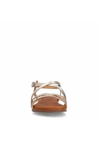 Sandalen met banden, met een metallic zilveren bovenkant en een bruine leren binnenzool. Beschikt over kruisbanden en een verstelbare gespsluiting.