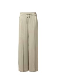 Beige wijde broek met een trekkoord in de taille, zachte stof en een gladde textuur. Op maat gemaakte stijl met een ontspannen pasvorm en rechte pijpen.