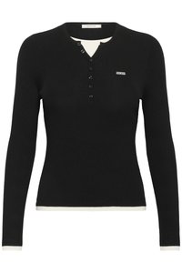Top in maglia nera a maniche lunghe con scollo rotondo, patta con bottoni, piccolo logo bianco sul petto e rifiniture bianche su polsini e orlo.