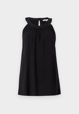 Vestido preto sem mangas com decote franzido, detalhe de abertura nas costas e um corte relaxado. Feito de um tecido leve e suave.