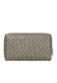 Gray woven leather wallet with a zip closure. Features a textured surface and rectangular shape, suitable for cards and cash storage.