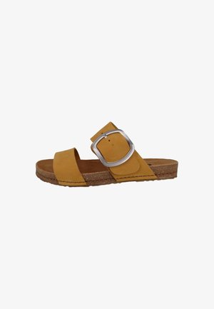 Yellow leather slide sandal with a wide strap and adjustable silver buckle. Features a textured footbed and a brown cork outsole.