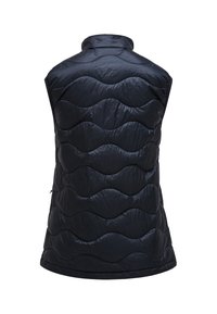 Navy puffer vest with a quilted wave pattern, high collar, and sleeveless design. Smooth, shiny texture with a rounded hemline.
