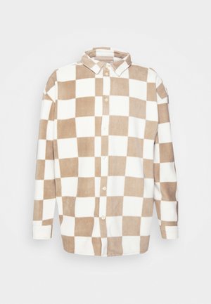 Langärmliges Hemd mit Knopfleiste, groß kariert in Beige und Weiß, mit klassischem Kragen.