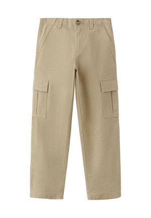 Béžové cargo nohavice so širokými nohavicami, so skladacími vreckami na každom stehne, bočnými vreckami, pútkami na opasok a zapínaním na gombík v páse.
