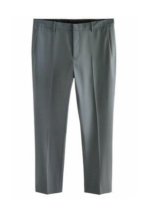 Szare spodnie o dopasowanym kroju z gładką teksturą, z płaskim przodem, dwoma bocznymi kieszeniami i prostym krojem. Posiadają pas z szlufkami na pasek.