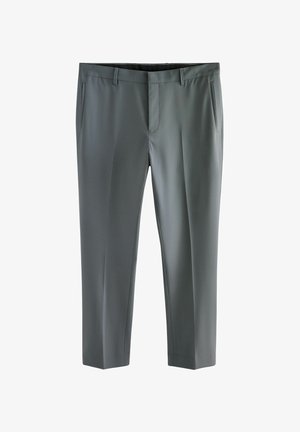 Pantaloni grigi su misura con una texture liscia, frontale piatto, due tasche laterali e taglio dritto. Presentano una vita con passanti per la cintura.