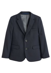 Blazer marine en tissu lisse, avec un col cranté, deux boutons et des poches avant. L'intérieur est doublé d'un tissu à pois.