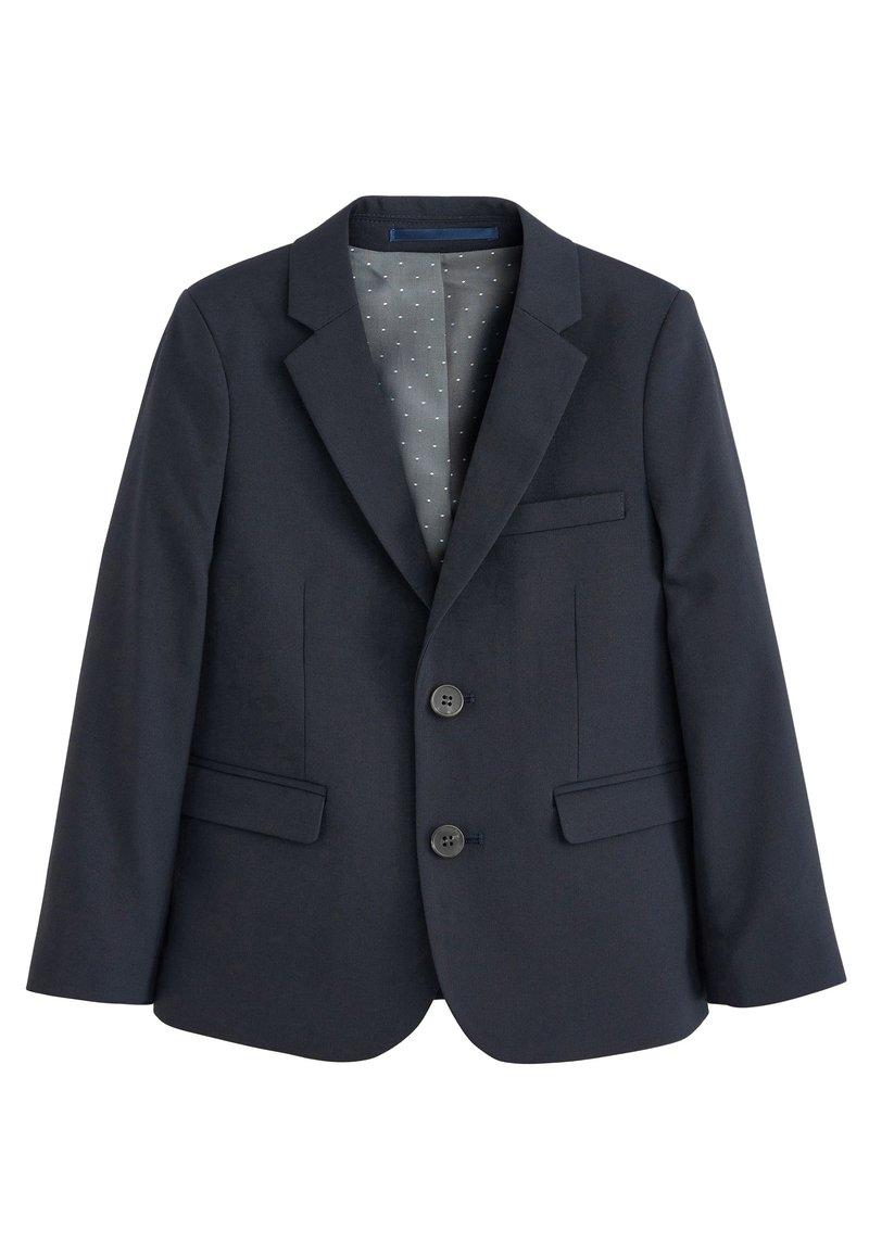 Blazer marine en tissu lisse, avec un col cranté, deux boutons et des poches avant. L'intérieur est doublé d'un tissu à pois.