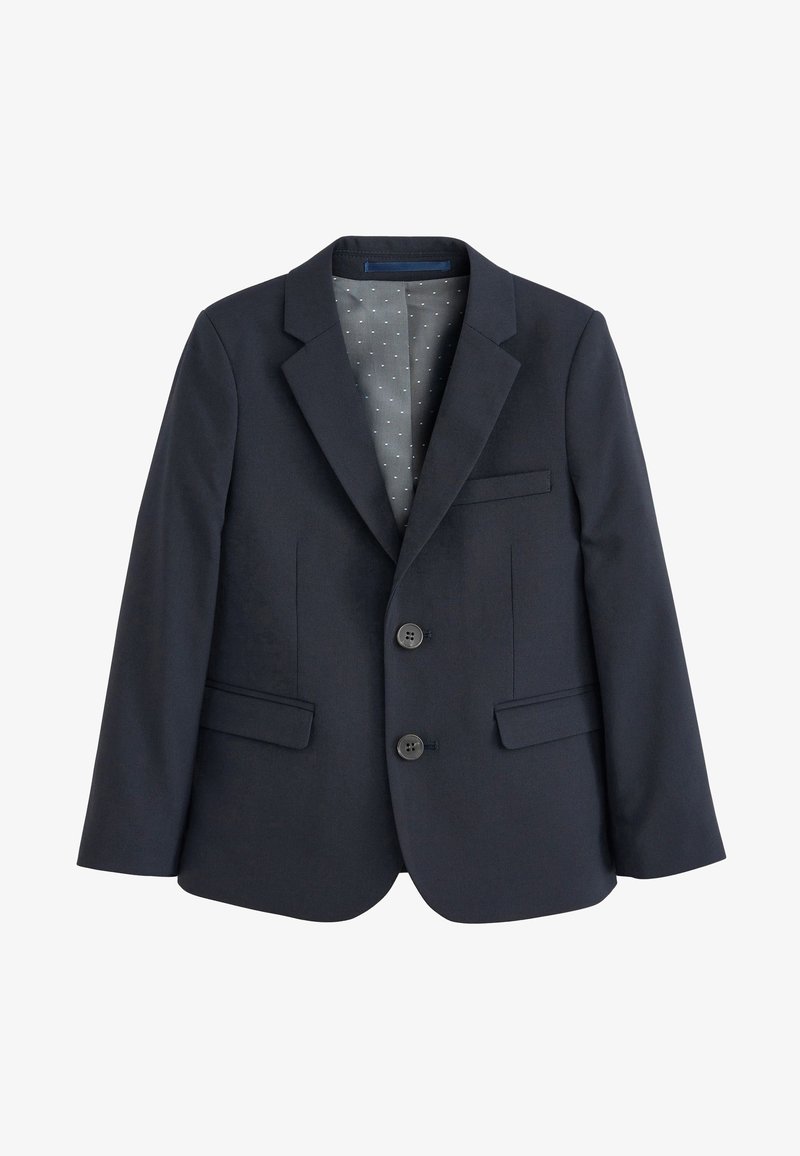 Blazer blu navy realizzato in tessuto morbido, con colletto a rever, due bottoni e tasche frontali. L'interno ha una fodera a pois.