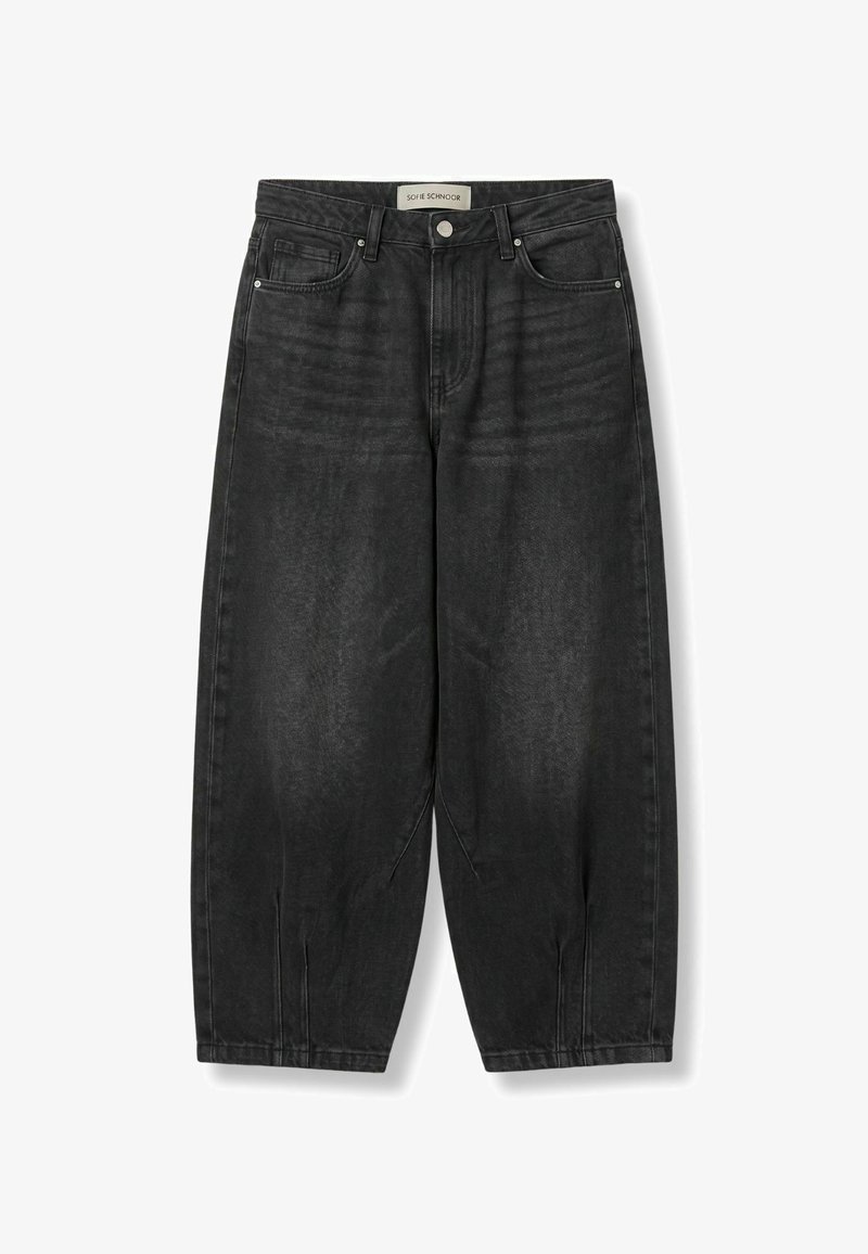 Jean noir taille haute à jambes larges avec poches avant, passants de ceinture, fermeture bouton, et une étiquette indiquant "SOFIE SCHNOOR" à la taille.