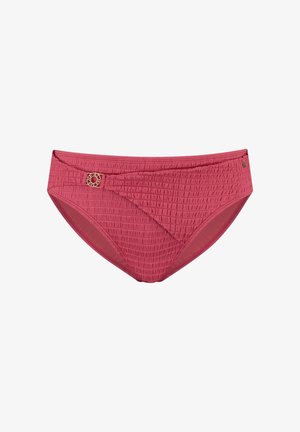 Roter Bikinihöschen mit strukturierter Oberfläche, überlappender Vorderseite und kleinem goldfarbenem Dekorelement auf der linken Seite.
