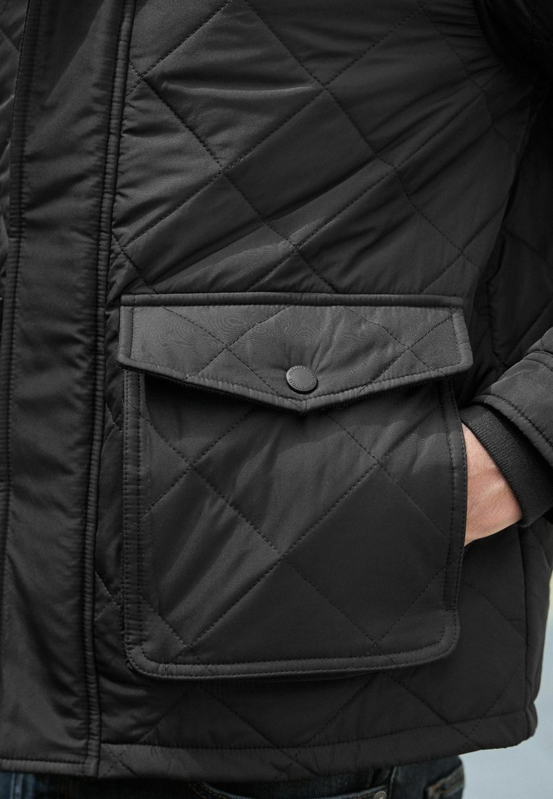 Black quilted jacket featuring a buttoned flap pocket on the front, made of smooth fabric with a subtle sheen, warm and lightweight design.