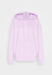 Felpa viola chiaro con cappuccio e cordoncino, tasca frontale e polsini a coste. Realizzata in materiale morbido, presenta una vestibilità rilassata e maniche lunghe.