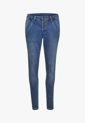 Dunkelblaue Denim-Jeans mit schlankem Schnitt, hohem Bund, Fünf-Knopf-Frontverschluss und klassischem Taschendesign. Glatte Textur mit minimaler Ausbleichung.