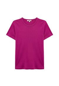 Fuchsie Baumwoll-T-Shirt mit kurzen Ärmeln, Rundhalsausschnitt und glatter Textur; keine Muster oder Verzierungen.