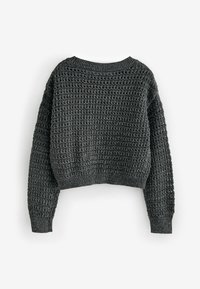 Pull-over au crochet en gris foncé avec un motif de tricot texturé, des manches longues et un design court avec des bords côtelés aux manches et au bas.