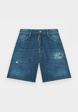 Denim shorts with belt loops, two front pockets, button closure, and distressed patches on left and right thighs.