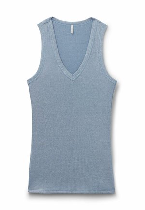 Mouwloos lichtblauw geribbeld gebreid tanktop met V-hals, slim fit en zachte textuur.