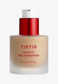 Foundation bottle with a matte beige body, red metallic cap, and white dispenser. Text reads "TIRTIR MASK FIT RED FOUNDATION" and volume.