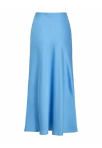 Blå sateng maxi-skjørt med jevn tekstur, tettsittende midje og vid kant, som skaper en elegant silhuett. Ingen mønstre eller detaljer synlige.