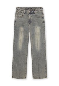 Lyseblå vide jeans med en falmet vask, som har fem lommer, lynlås og synlig syning langs sømmene.