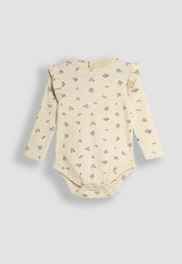 Bodysuit za bebe s dugim rukavima u krem boji s cvjetnim uzorkom. Ima volančiće na ramionima i kopčanje na dnu za jednostavno oblačenje.