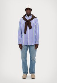 Chemise rayée multicolore en lavande, vert et bleu, avec un pull marron noué autour du cou et un jean bleu clair. Chaussures beiges.