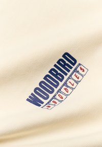 Gros plan sur un tissu beige avec "WOODBIRD" en lettres bleues grasses et "WIDDLES" en rouge à l'intérieur de carrés délimités en dessous.