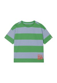 Grün und hellblau gestreiftes T-Shirt aus Baumwolle, mit kurzen Ärmeln und einem bedruckten "HOLA"-Detail auf der unteren Vorderseite.