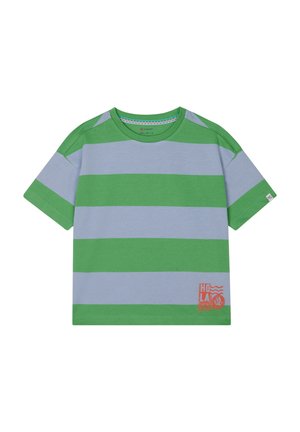 Groene en lichtblauwe gestreepte t-shirt van katoen, met korte mouwen en een geprinte "HOLA" detail op de onderste voorkant.