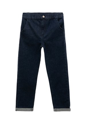 Jeans in denim blu scuro con una vestibilità rilassata, dotati di vita elastica, due tasche frontali e orli arrotolati con accenti grigi.