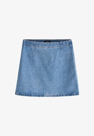 Gaiši zils džinsa A līnijas svārks ar jostas cilpām, vienkāršu priekšpusi un izšūtu apakšu, iekšējā jostasvietā ar "NEXT" etiķeti.