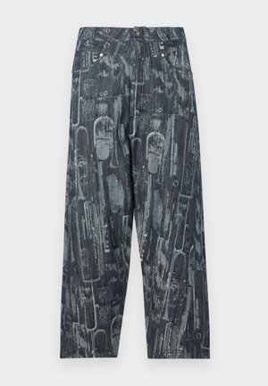 Wide-leg jeans in dark denim with a textured, abstract pattern. Features a high waist, button closure, and tonal stitching.