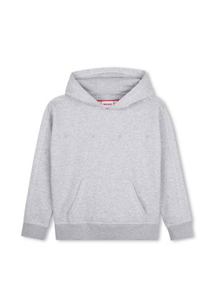 Sweat à capuche gris clair avec poche kangourou à l'avant et texte subtil "HUGO" sur la poitrine.