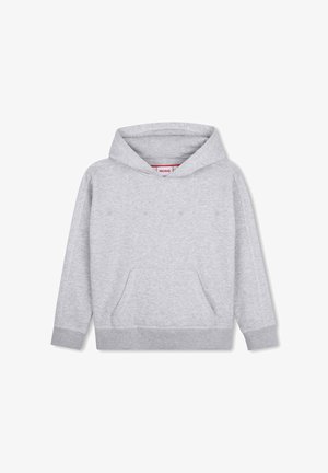 Sweat à capuche gris clair avec poche kangourou à l'avant et texte subtil "HUGO" sur la poitrine.