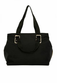 Borsa tote nera realizzata in tessuto resistente, con due manici larghi, dettagli in metallo argentato e un ampio scomparto principale.