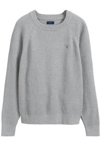 Maglione grigio a coste con maniche raglan, collo rotondo e un piccolo logo sul lato sinistro del petto. Texture morbida, design casual e polsini aderenti.